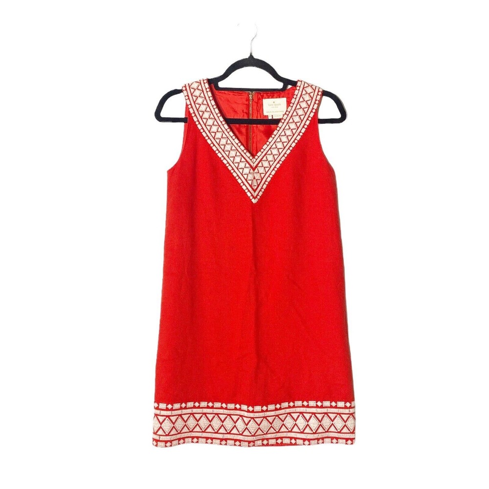 Kate Spade Sz 0 XS Laureen Embroidered Linen Shift Dress Women Red V Neck Lined - Picture 2 of 12